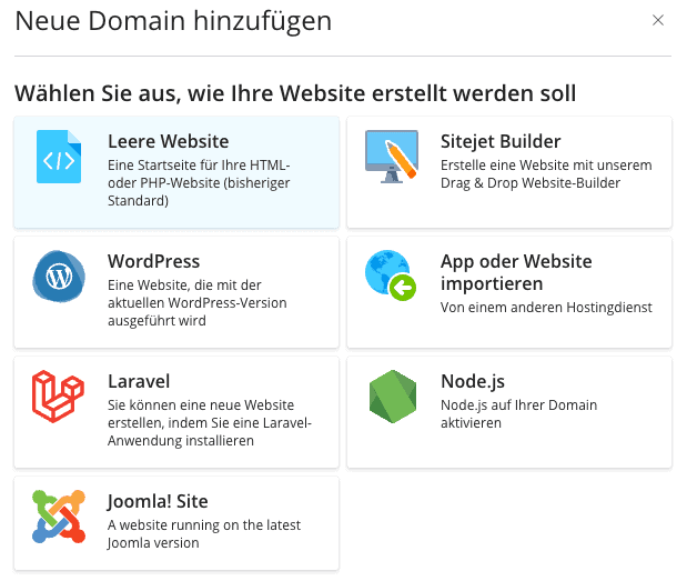 Ein Auswahlfenster für die neue Domain.