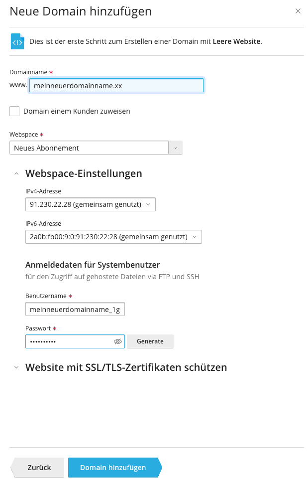 Domain hinzufügen und Details eingeben.