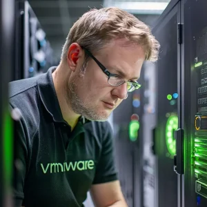 Mann in Datacenter mit vmware.