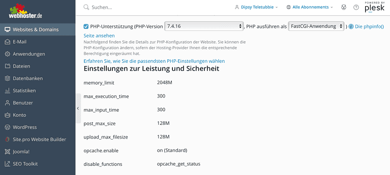 php einstellungen im plesk