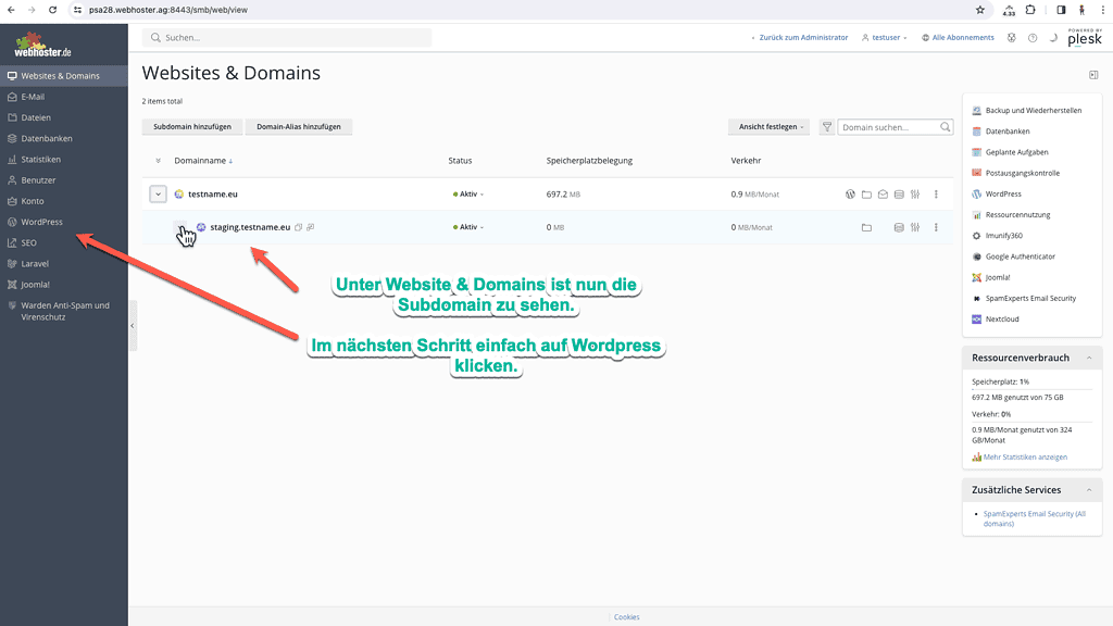 Staging Domain anlegen.