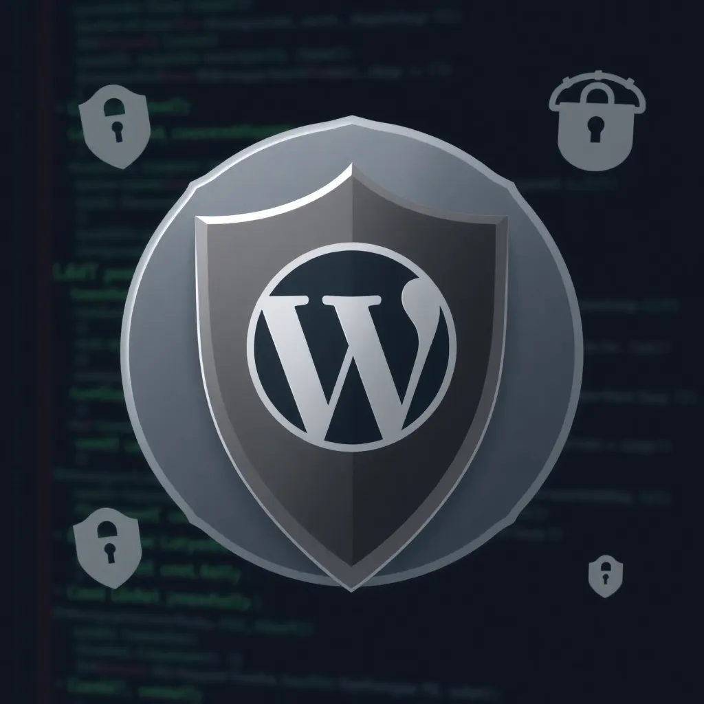 WordPress-Logo geschützt durch Patchstack-Schild, umgeben von Sicherheitssymbolen