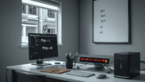 ftp-zugang - webhoster.de AG Das Bild zeigt eine grafische Darstellung eines FTP-Servers, umgeben von Symbolen, die verschiedene Aspekte der Dateiübertragung repräsentieren, wie FTP-Clients und Verbindungen. Es verdeutlicht die Funktionsweise des File Transfer Protocols (FTP) zur Datenübertragung zwischen Computern über Ports 20 und 21.