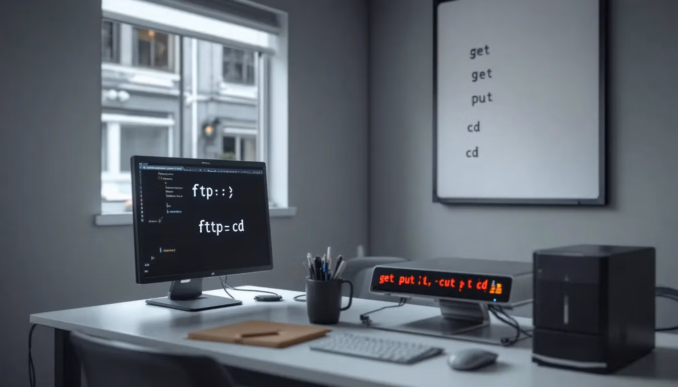 Das Bild zeigt eine grafische Darstellung eines FTP-Servers, umgeben von Symbolen, die verschiedene Aspekte der Dateiübertragung repräsentieren, wie FTP-Clients und Verbindungen. Es verdeutlicht die Funktionsweise des File Transfer Protocols (FTP) zur Datenübertragung zwischen Computern über Ports 20 und 21.