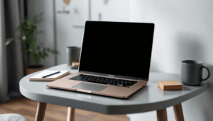 1a46859f-96d8-4e63-833c-37d318ccc1a0 - webhoster.de AG Ein Bild eines Computers, der für die Erstellung von Webseiten und Online-Shops verwendet wird, zeigt einen Bildschirm mit einem Web Presence Builder und einem Editor für die Bearbeitung von Designbereichen. Auf dem Tisch sind auch Notizen und ein paar Bücher über HTML-Kenntnisse und Webhosting sichtbar.