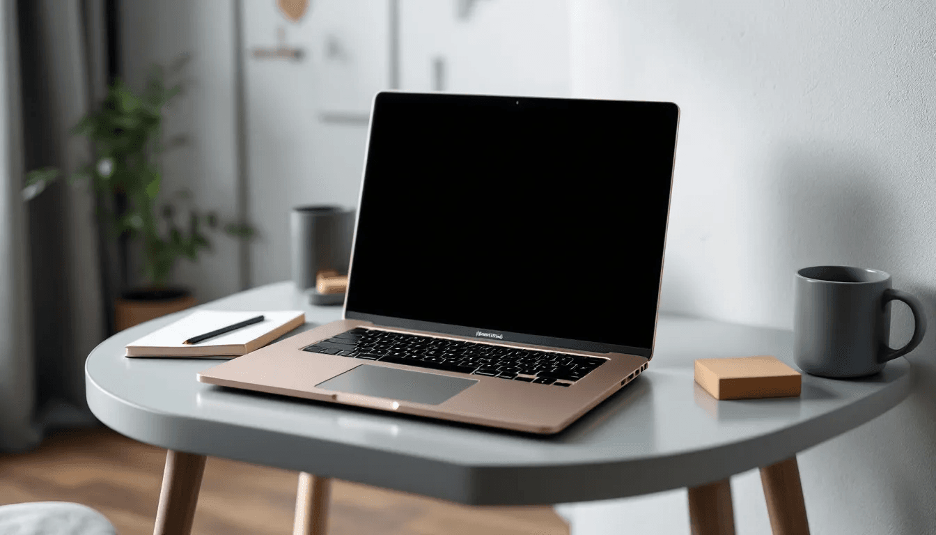 Ein Bild eines Computers, der für die Erstellung von Webseiten und Online-Shops verwendet wird, zeigt einen Bildschirm mit einem Web Presence Builder und einem Editor für die Bearbeitung von Designbereichen. Auf dem Tisch sind auch Notizen und ein paar Bücher über HTML-Kenntnisse und Webhosting sichtbar.