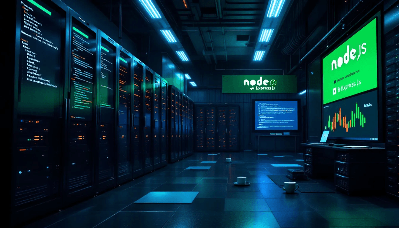 Das Bild zeigt eine visuelle Darstellung von Javascript-Hosting, einschließlich verschiedener Elemente wie Server, Domains und Webanwendungen. Es hebt die Nutzung von node.js für die Entwicklung von Echtzeitanwendungen und die Bereitstellung von SSL-Zertifikaten für Sicherheit hervor.