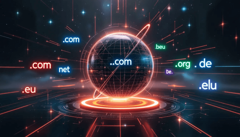 Das Bild zeigt eine grafische Darstellung von verschiedenen Domainendungen und den Prozess der Domainregistrierung. Es sind Symbole für E-Mail-Adressen, SSL-Zertifikate und Webseiten zu sehen, die die Bedeutung von Domains für Unternehmen und deren Online-Präsenz verdeutlichen.
