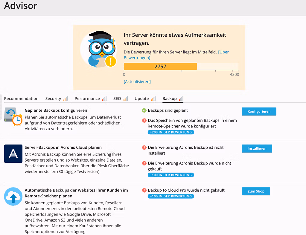 Plesk Advisor Ratschlag