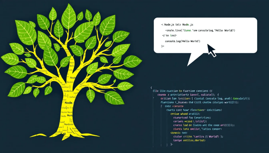 Das Bild zeigt eine grafische Darstellung von node.js, einer JavaScript-Laufzeitumgebung, die für die Entwicklung von Webanwendungen und Echtzeitanwendungen genutzt wird. Es sind verschiedene Elemente wie Server, Datenbanken und Hosting-Anbieter zu sehen, die die Leistung und den Einsatz von node.js verdeutlichen.