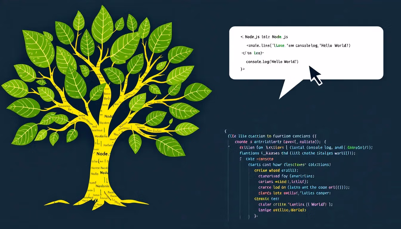 Das Bild zeigt eine grafische Darstellung von node.js, einer JavaScript-Laufzeitumgebung, die für die Entwicklung von Webanwendungen und Echtzeitanwendungen genutzt wird. Es sind verschiedene Elemente wie Server, Datenbanken und Hosting-Anbieter zu sehen, die die Leistung und den Einsatz von node.js verdeutlichen.