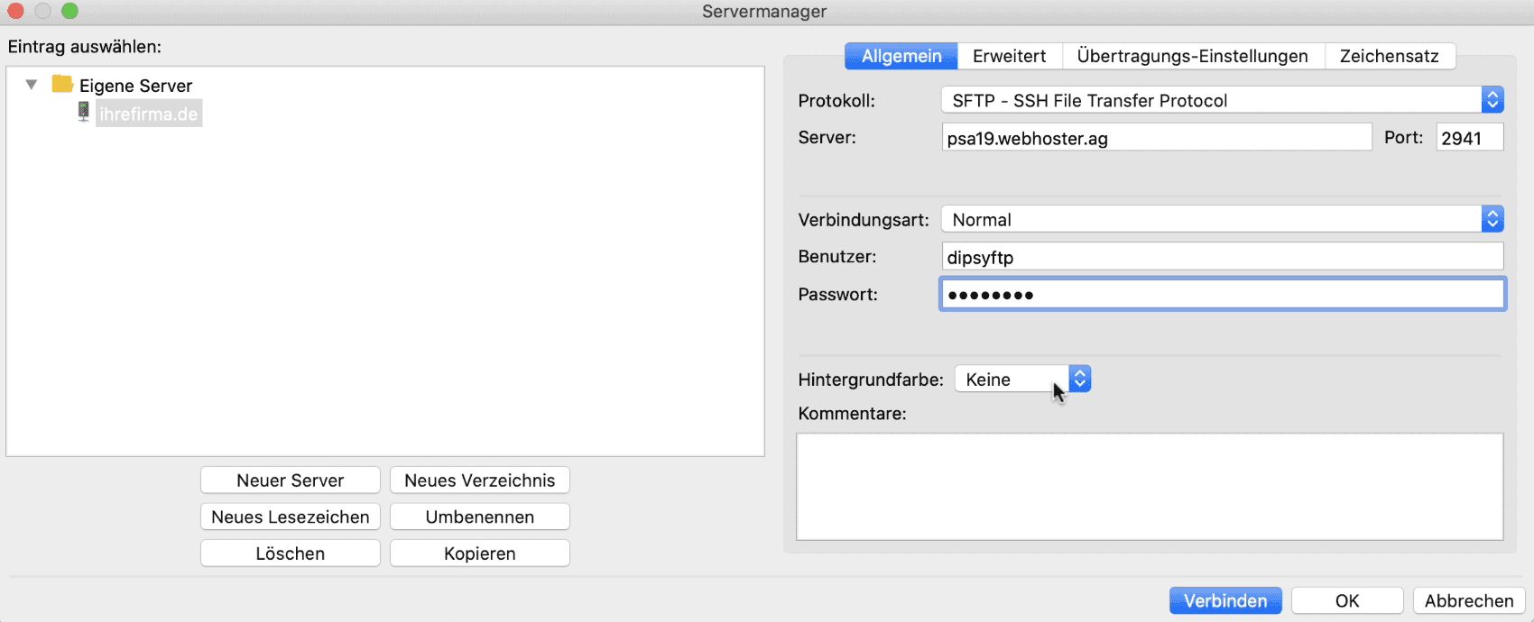 SFTP Filezilla Einstellungen