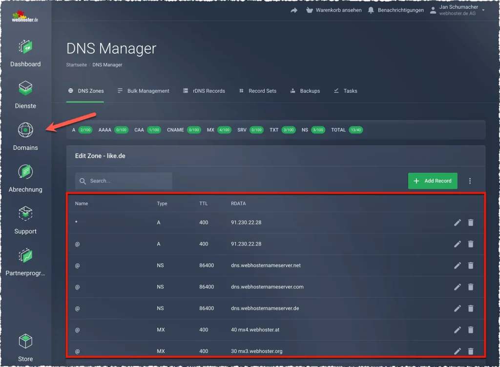 dashboard-kontodetails-dns-manager - webhoster.de AG