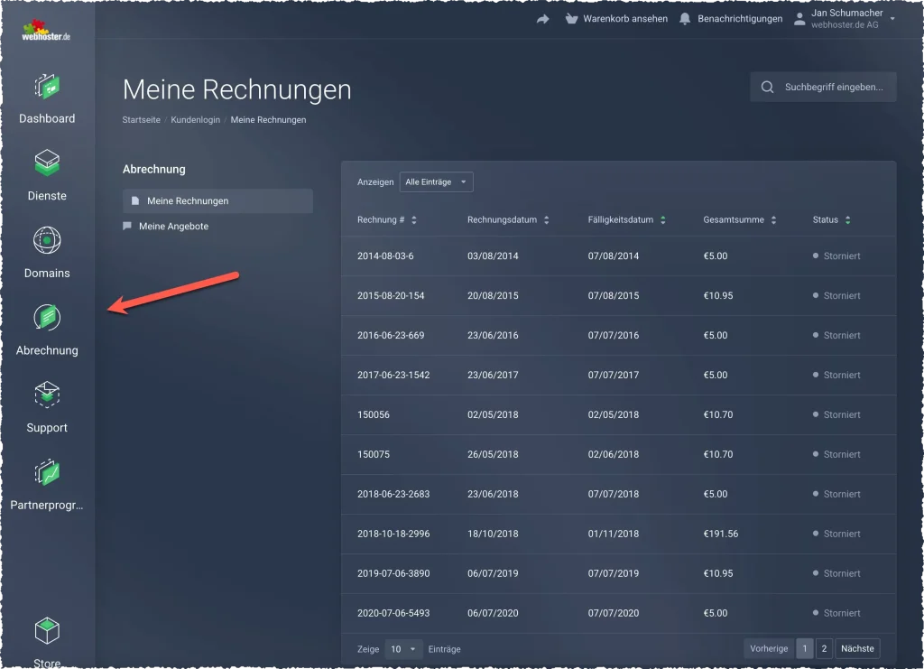 dashboard-kontodetails-rechnungen - webhoster.de AG